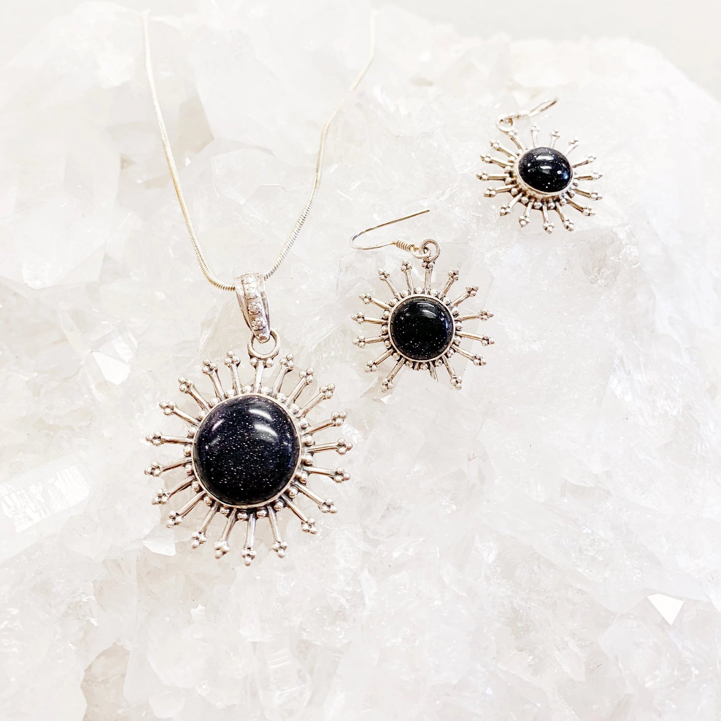 Blue Goldstone Sterling Silver Sun Pendant and earrings set