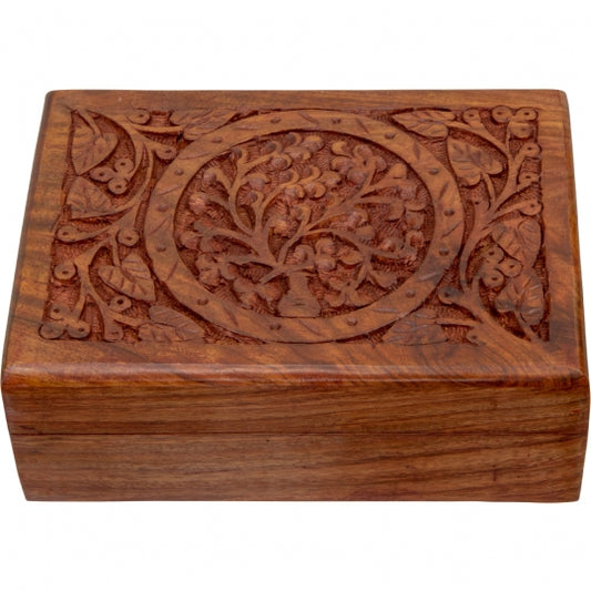 Carved Tree of Life Flowers Wooden Box