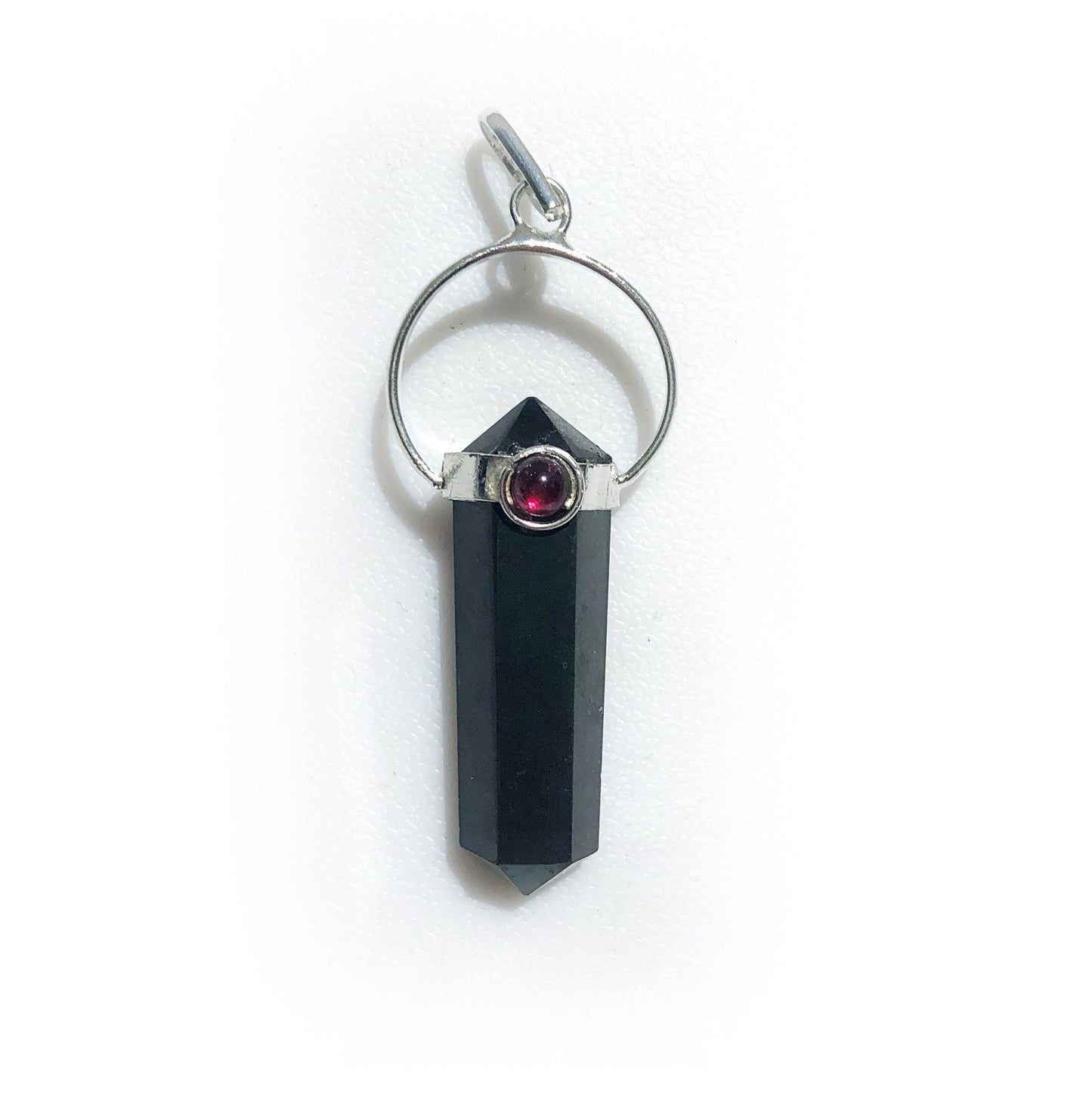 Shungite Point with Garnet Pendant