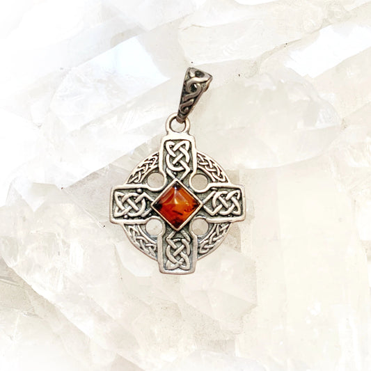 Amber Celtic Cross Circle Pendant