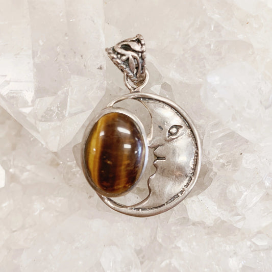 Tigers Eye Crescent Moon Silver Pendant