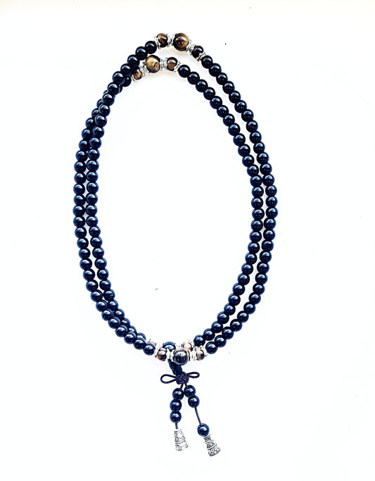 Tiger Eye and Obsidian Mala Necklace