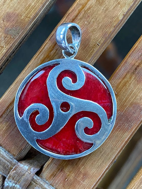 Celtic Triskele Coral and Sterling Silver Spiral Pendant