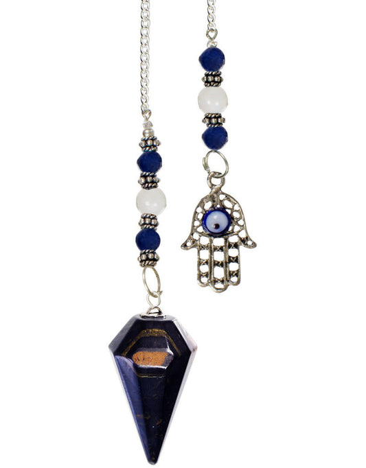 Blue Tigers Eye with Hamsa Evil Eye Pendulum